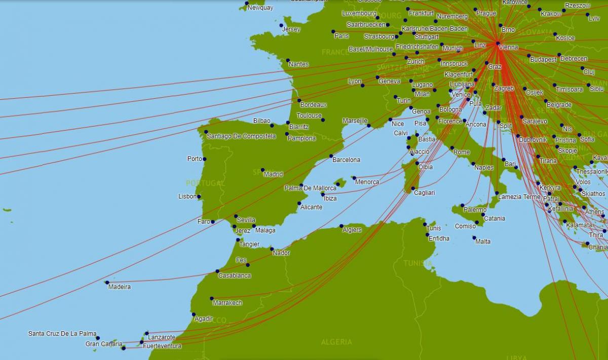 オーストリア航空路線図 オーストリア航空のマップ 西ヨーロッパのヨーロッパ