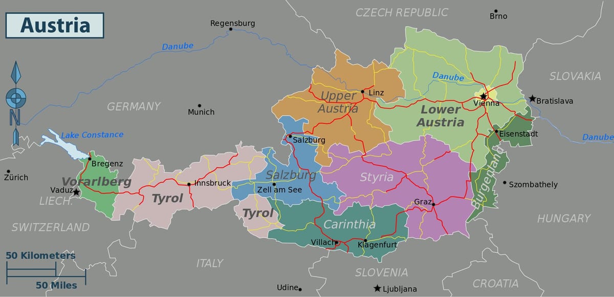 オーストリアの名所を地図